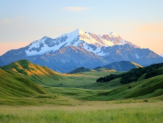 Fototapeta premium Distant snow-capped mountains glowing under the last warm hues of spring dusk