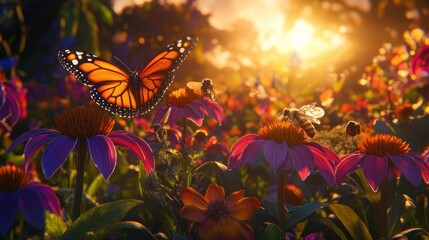 Monarch butterfly and bees in a vibrant flower meadow at sunset