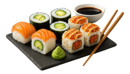 Assorted sushi platter with salmon nigiri, cucumber maki rolls, spicy salmon rolls, wasabi, soy sauce, and chopsticks on a slate board.