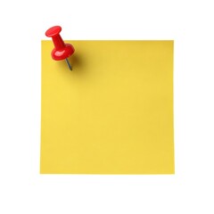 Yellow sticky note pinned on white background isolated on white background