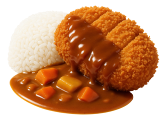 Crispy breaded cutlet topped with savory curry sauce with carrots and potatoes, served alongside steamed white rice.
