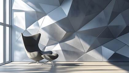 Modern room interior with geometric wall and comfortable chair.