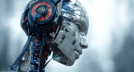 Futuristic AI robot portrait with headphones and glowing digital circuits on a high-tech backdrop.