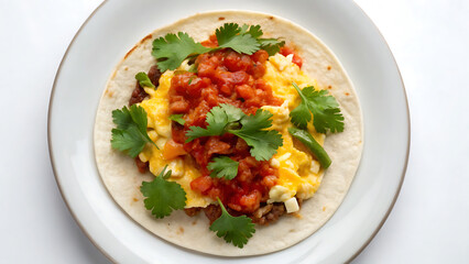 Breakfast Burrito Tacos Scrambled egg breakfast burrito with salsa and fresh cilantro soft tortilla served white plate with