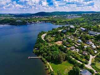 Beautiful landscape shot with nature and water from the top from a drone. Brno Dam, Czech Republic-Europe.