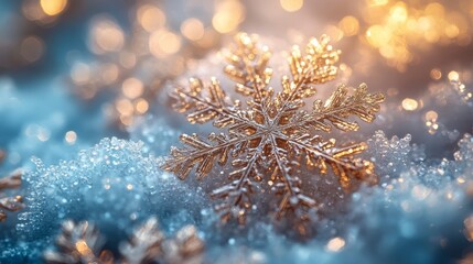 Golden snowflake resting on frosty surface, illuminated by soft, warm light