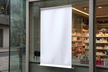 Blank white banner hangs on pharmacy store window. Store interior is visible through the glass. Possible advertisement or promotion. Location is likely a local pharmacy or cosmetics store