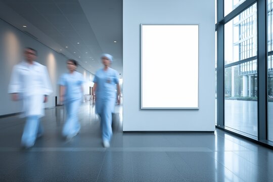 Blank white poster frame on the wall of an hospital interior, doctors and nurses in motion blur walk, window light from outside 