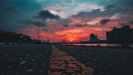 Sunset over cityscape road