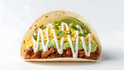 Breakfast Burrito Tacos Breakfast burrito with scrambled egg tacos topped with sour cream and green onion for fresh taste