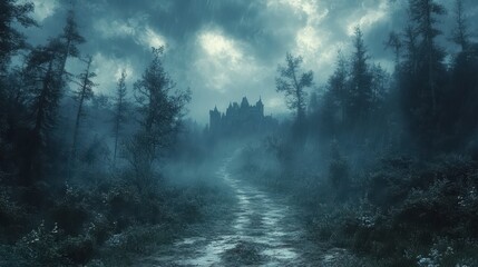 Eerie castle looms through dense woods under a dark, cloudy sky on a misty path