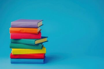 Fototapeta premium Colorful books stack blue background