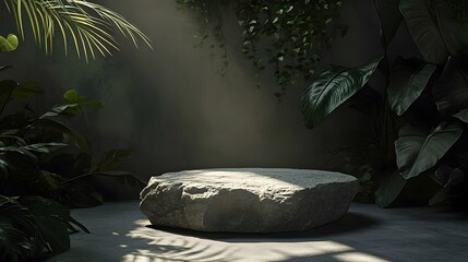 Gray stone pedestal surrounded by lush greenery.