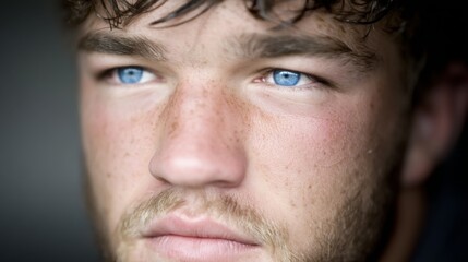 Close-up of a young man with blue eyes and freckles looking thoughtfully into the distance