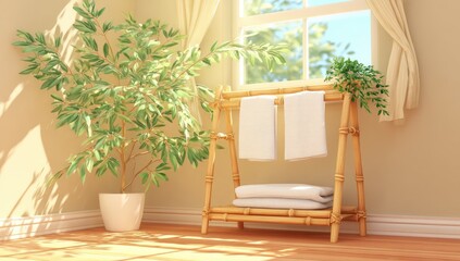 Sunny bathroom corner with bamboo towel rack