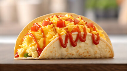 Breakfast Burrito Tacos Scrambled egg breakfast burrito with diced tomato and sauce on soft tortilla tacos served fresh
