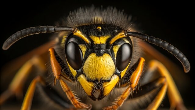 Extreme macro wasp portrait, detailed yellow jacket head with compound eyes, close-up insect face on black background, cinematic nature photography