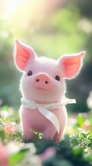 A tiny, rosy-pink piglet, standing in a bed of flowers, bathed in sunlight