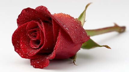 A single red rose with dew drops on a plain bright white background no shadows, symbolizing love for Mother's Day, close-up shot