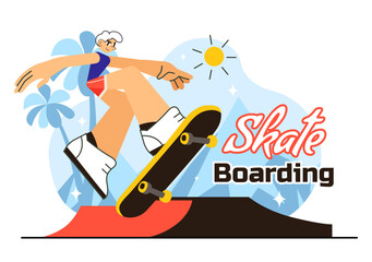 Skateboarding Vector Illustration featuring Skateboarders Jumping on a Springboard in a Skatepark, Extreme Sports Activities in a Flat Background
