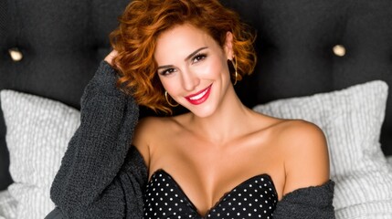 Fototapeta premium Bright smiling woman with curly red hair wearing a polka dot dress and gray cardigan