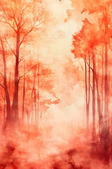 Obraz premium Watercolor illustration of foggy orange forest and trees. Abstract watercolor background.