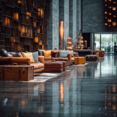 Opulent lobby Brown leather couches and trunks sit on glossy floors beneath intricate wall details and glowing lights