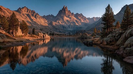 Obraz premium Mountain Panorama Sunrise with Alpine Lake/アルプス湖と日の出の山岳パノラマ8