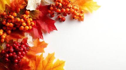 Flat lay top view of autumn leaves and berries on a white background, creating an autumn composition with copy space for branding or greeting card designs.