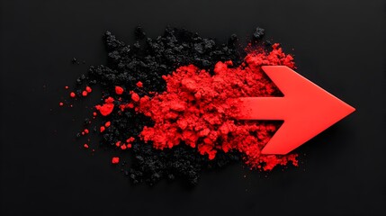 Red arrow pointing right, nestled in a vibrant red and dark powder spill against a black backdrop