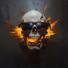 In a painted image, a skull sports trendy shades, its eyes blazing with fiery intensity