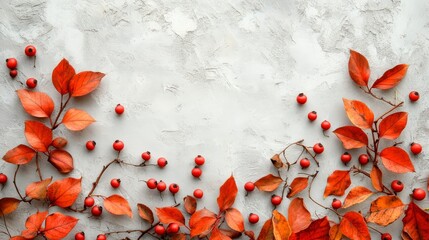 Autumn leaves and berries in top-view flat lay on a white background, forming a versatile autumn composition with copy space for various design needs.