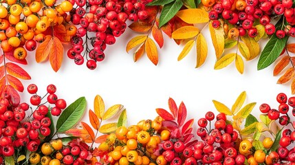 Top-view flat lay autumn composition with autumn leaves, berries, and a white background, including copy space for creating seasonal banners or advertising visuals.