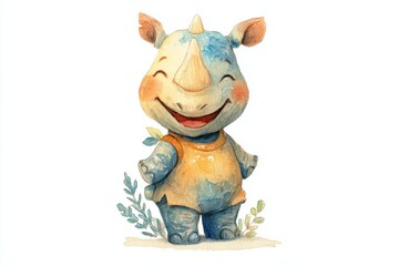 Naklejka premium Cute watercolor illustration of kid rhino doll, joyful expression