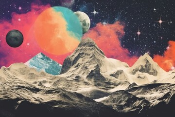 Fototapeta na wymiar Collage Retro dreamy Alpine backdrop astronomy space mountain.