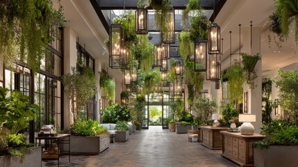 Fototapeta premium Lush indoor lobby. Hanging plants and lantern lights adorn bright space