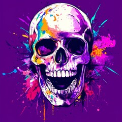 The image features a skull adorned with colorful paint splatters set against a deep purple background