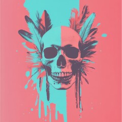 A skull with vibrant feathers decorating its head is set against a pastel pink and blue background, overlaid with shades of pink and orange