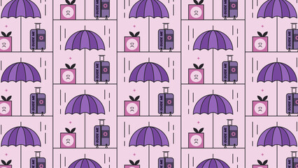 Repeating pattern with luggage, umbrella, and gift boxes in the rain.