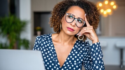 Thoughtful woman with curly hair and glasses contemplating while working on a laptop