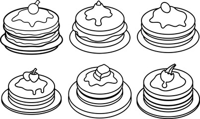 Set of breakfast pancake outline vector illustration coloring book page line art drawing