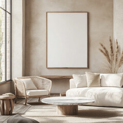 A minimalist living room features a large, blank canvas above a white sofa and wicker armchair, complemented by a round marble coffee table and neutral-toned decor. 
