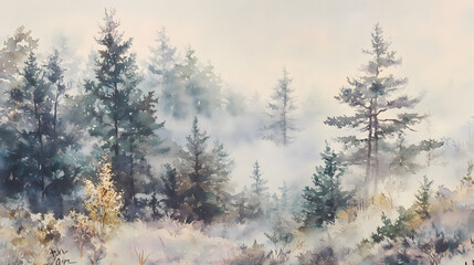 Illustration of a pine forest painting with gray watercolor. Background of a landscape watercolor painting.