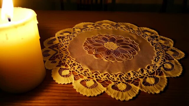 Burning candle illuminating a decorative doily on a wooden table with chairs in the background creating a moody atmosphere.