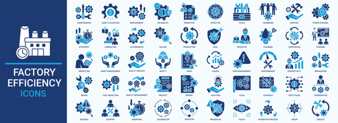 Factory Efficiency icon set. Containing maintenance, asset utilization, improvement, teamwork, support, efficiency and more. Solid vector icons collection.