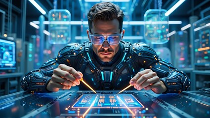 Man in lab using touchscreen