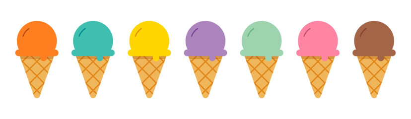 Ice cream cones on waffle many flavors desserts for summer.