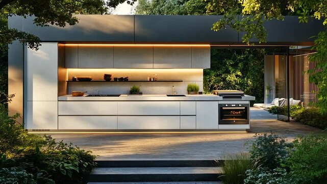 Modern outdoor kitchen nestled in a lush garden setting, illuminated by warm light