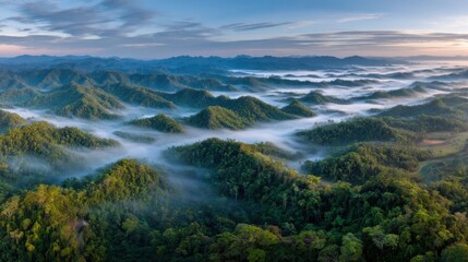 Obraz premium Verdant mountains, mist-kissed valleys under pastel sunrise