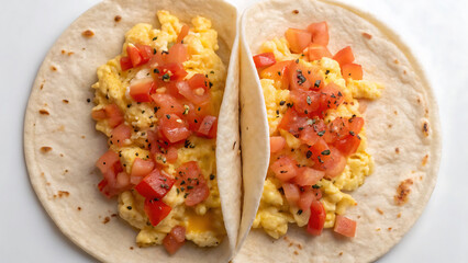 Breakfast Burrito Tacos Scrambled egg breakfast burrito with fresh diced tomato and herbs served soft flour tortillas with